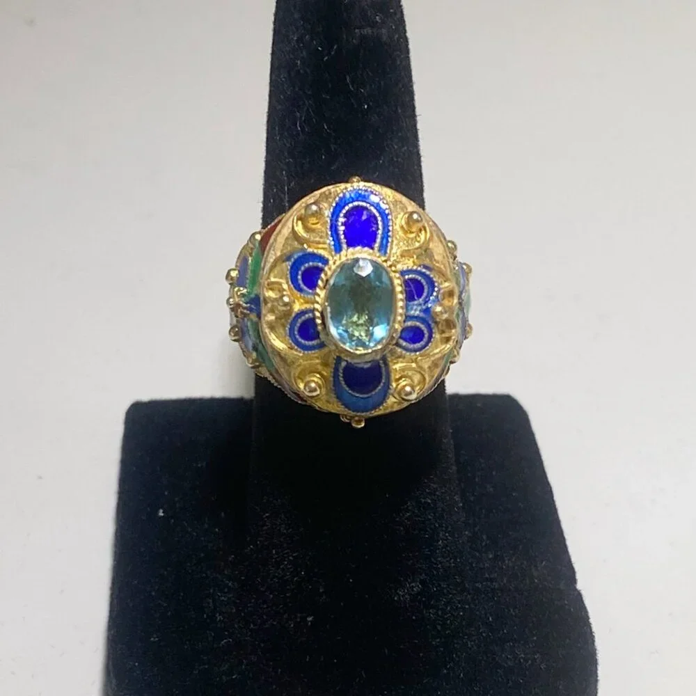 Barbara Garwood Blue Topaz Ring Mongolian Art 14K over Silver